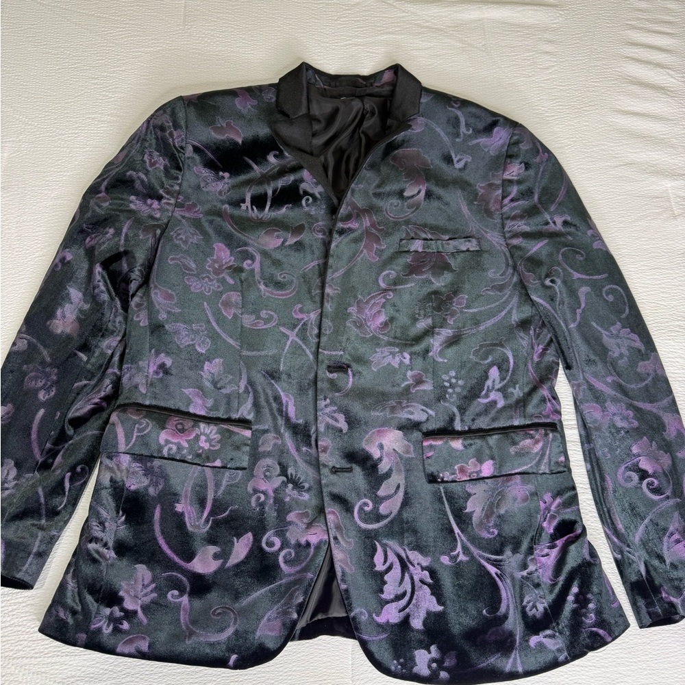 INC International Concepts Black Velvet Blazer with Purple Floral Jacquard